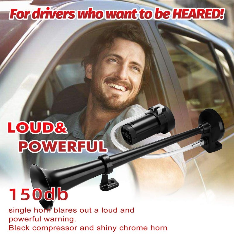 HK مجموعة بوق هواء HK 12V 150db مع ضاغط بوق واحد قوي وعالي الصوت للشاحنات والسيارات والقوارب وسيارات الدفع الرباعي والقطارات (أسود) - Image 4